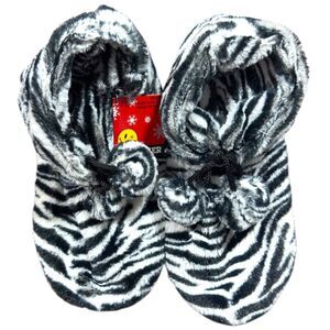 Joe Boxer Slippers Women's 4-10 Black White Faux Fur Zebra Print Warm Round Toe